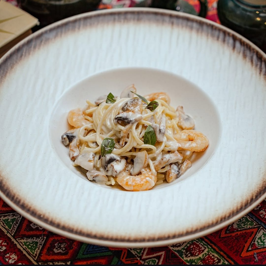 тяльтелле с креветкми и грибами 